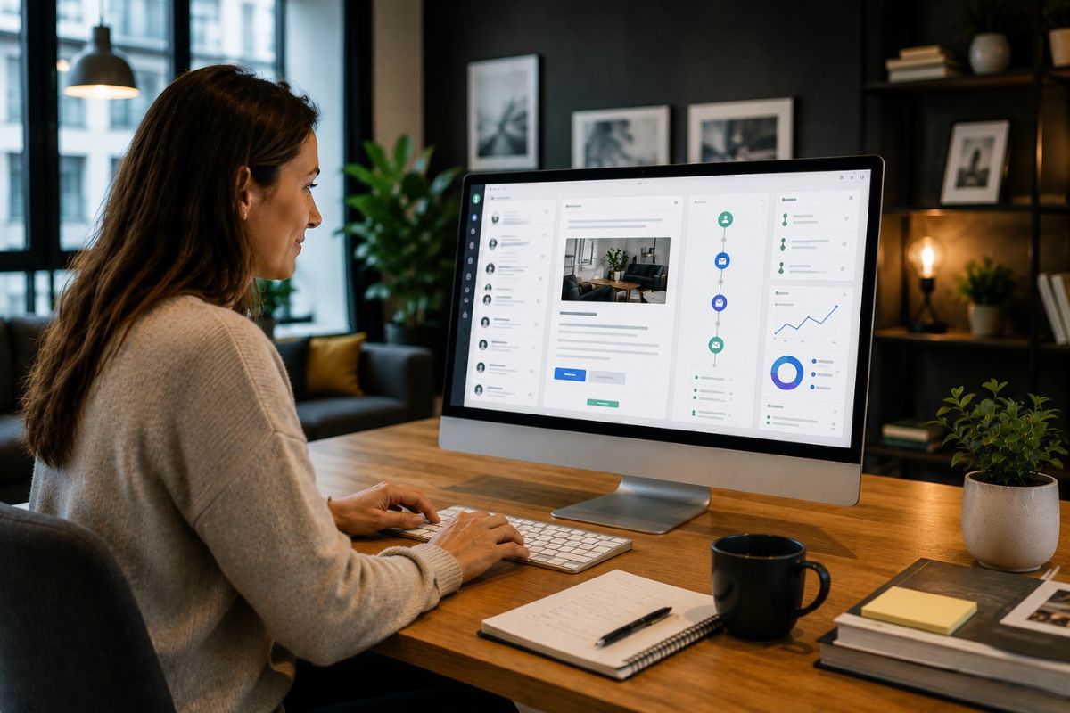 Vrouw werkt aan dashboard met leadnurturing statistieken en grafieken op desktop computer om autoriteit op te bouwen