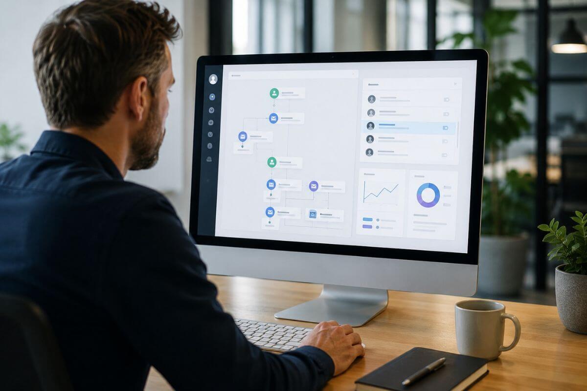 Zakelijk professional analyseert lead nurturing workflow en data op groot desktopscherm