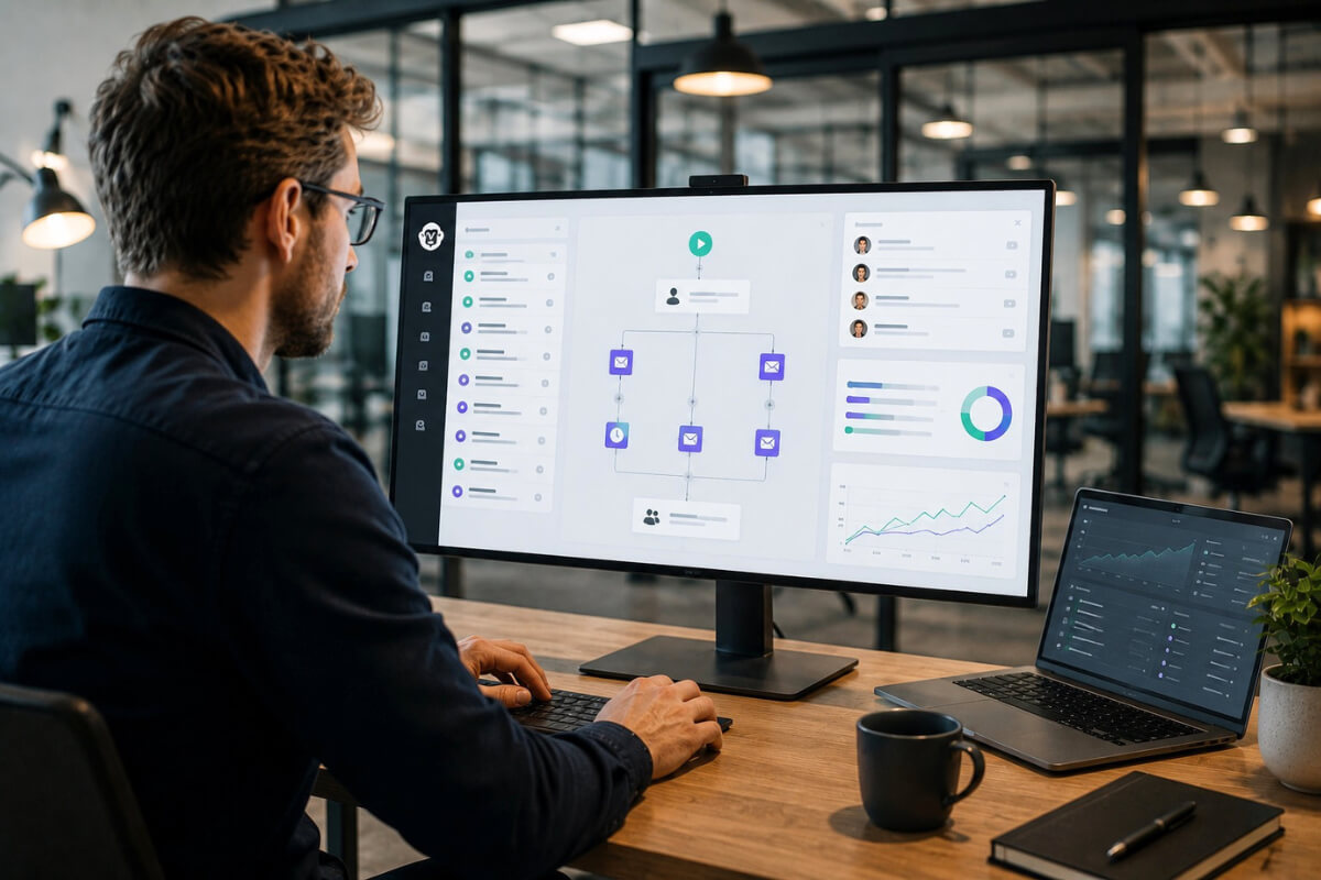 Zakelijk professional werkt aan e-mailflow in CRM systeem