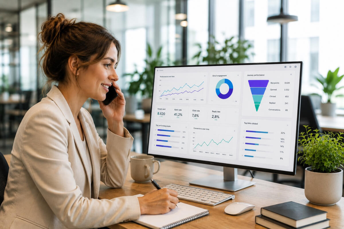 Vrouw in een blazer belt aan haar bureau terwijl ze kijkt naar een marketing- en lead nurturing dashboard op een groot computerscherm